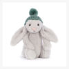 Peluche lapin bashful gris avec son petit bonnet vert de la marque Jellycat