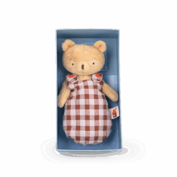 Bébé Émile le petit ours avec sa gigoteuse à carreaux amovible