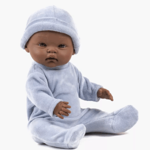 Poupée Basile et son dors bien en velours Nikky bleu avec bonnet