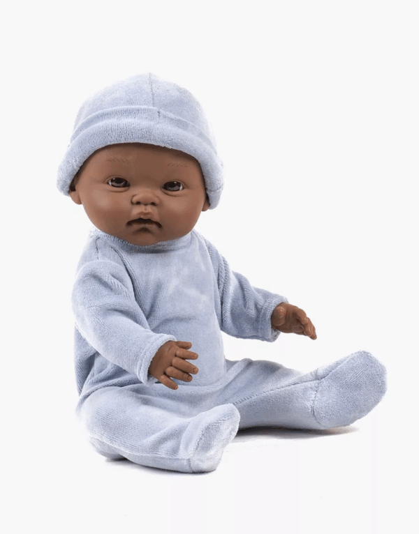 Poupée Basile et son dors bien en velours Nikky bleu avec bonnet