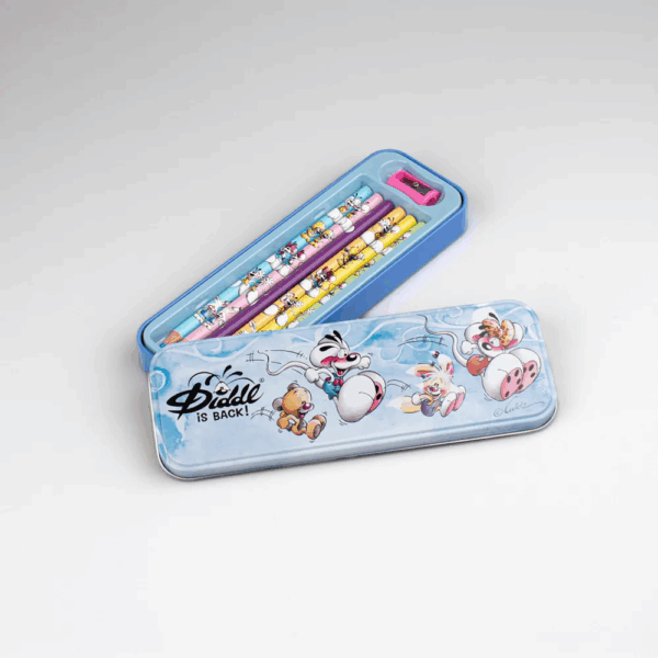 Plumier métal 6 crayons Diddl ouvert, montrant les 6 crayons à l’intérieur